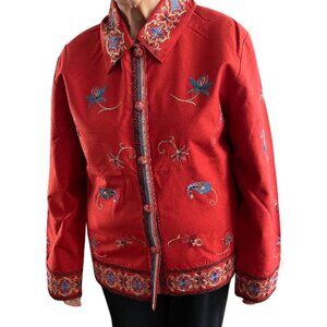 Islandic Design vintage winding lotus embroidered jacket red women's size L